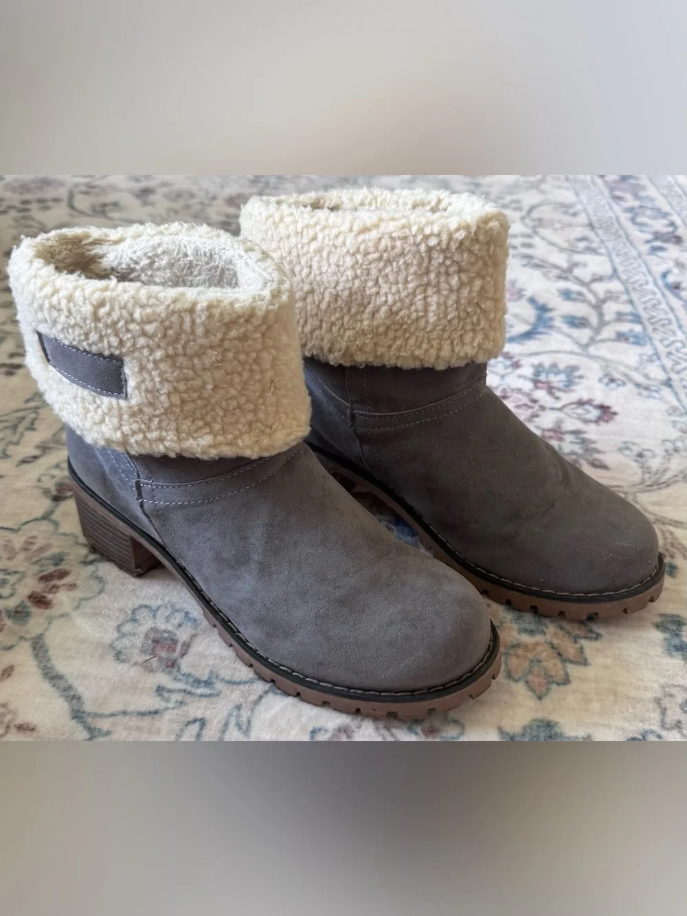 Cozy Fold-Over Ankle Booties in Gray with Cream Sherpa Cuff